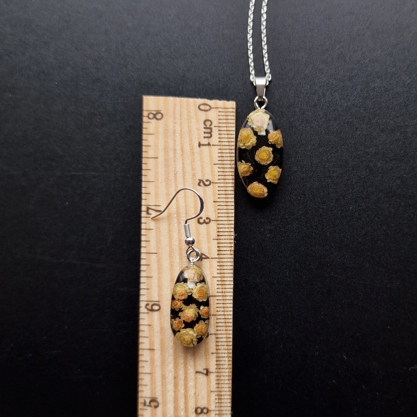 Handmade Resin Jewelry Set with Real Dried ‘Helipterum Roseum’ Flower & 925 Sterling Silver