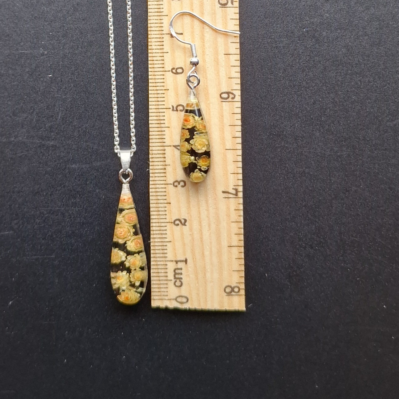 Handmade Resin Jewelry Set with Real Dried ‘Helipterum Roseum’ Flower & 925 Sterling Silver