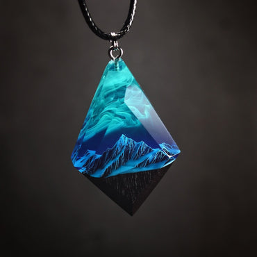 Northern lights Wood resin pendant | Snow Mountain Aurora | Glow in the dark Jewelry