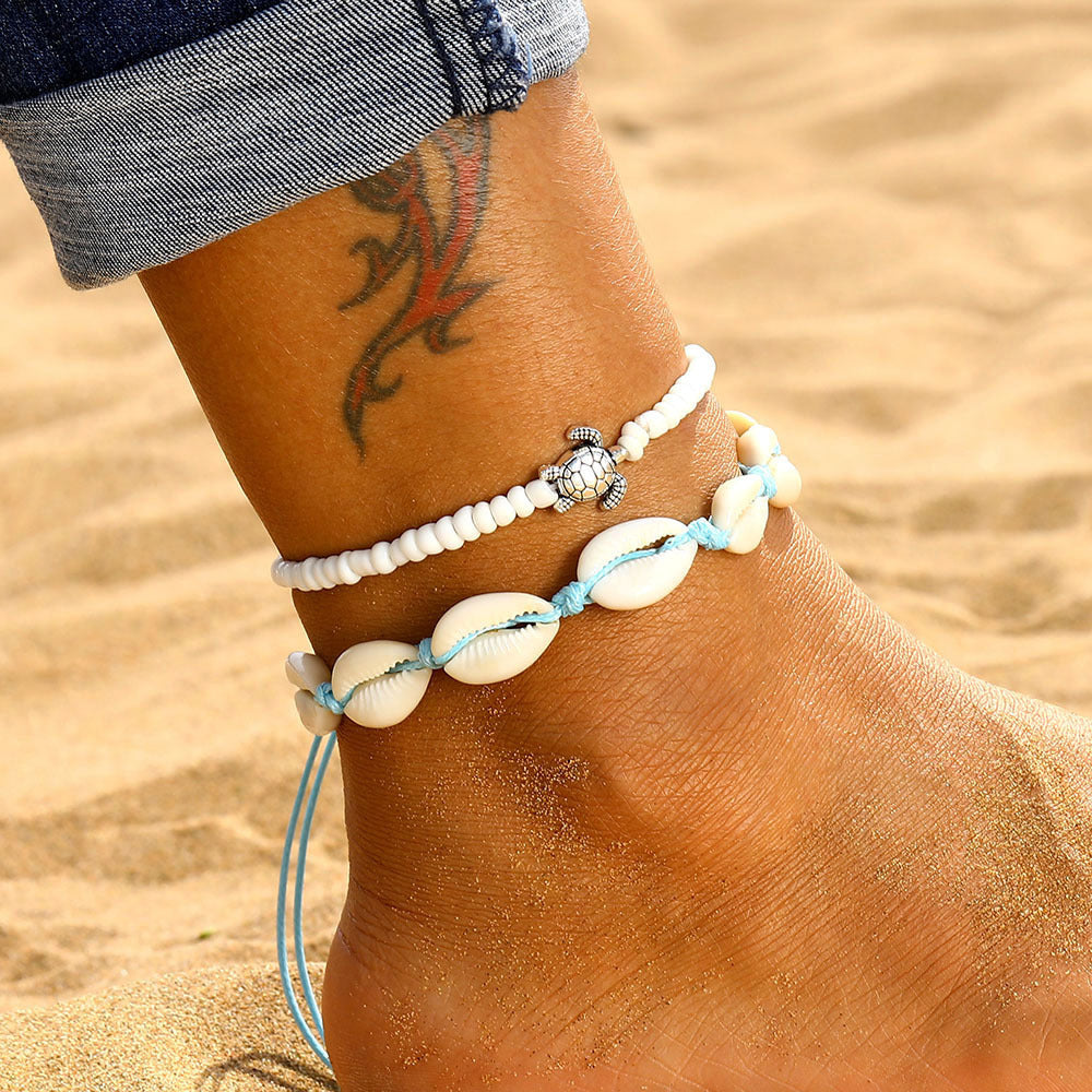 Fashion Shell Rice Beads Hand-Woven Adjustable Anklet Ocean Wind Beach Accessories