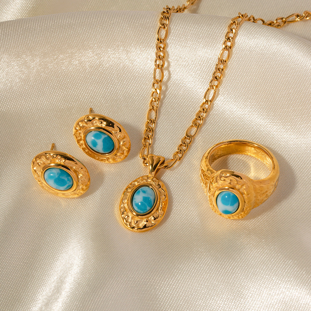 Gold Stainless Steel Sea Pattern  set | Turquoise Hammered Necklace