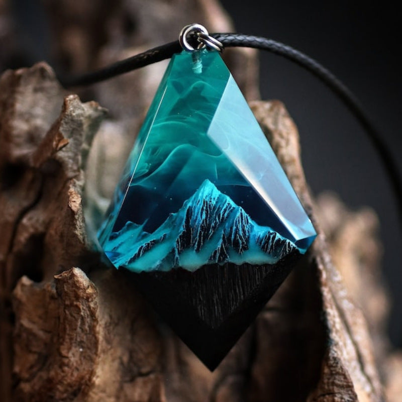 Northern lights Wood resin pendant | Snow Mountain Aurora | Glow in the dark Jewelry