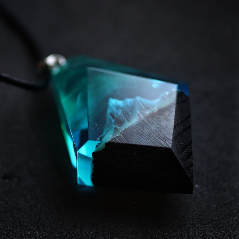 Northern lights Wood resin pendant | Snow Mountain Aurora | Glow in the dark Jewelry