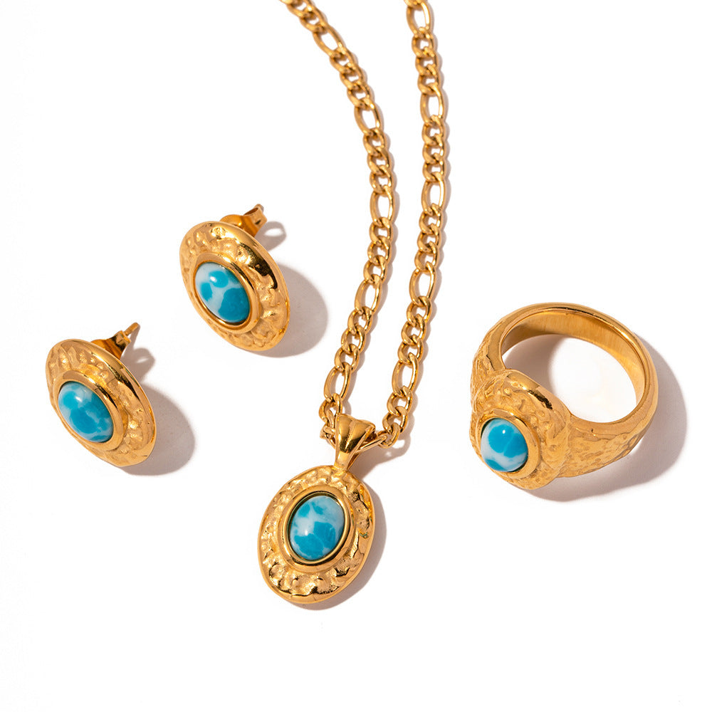 Gold Stainless Steel Sea Pattern  set | Turquoise Hammered Necklace